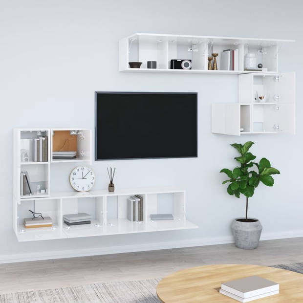 The Living Store Televisiewandmeubelen - Hoogglans wit - Set van 2x tv-meubel (S) - 2x tv-meubel (M) - 4x tv-meubel