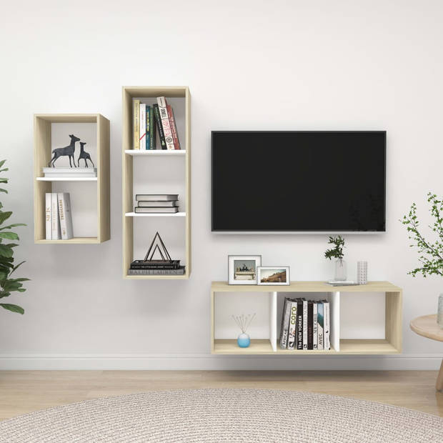 The Living Store Televisie Meubelset - TV-Wandmeubel - Wit/Sonoma Eiken - 37 x 37 x 72 cm / 37 x 37 x 107 cm - Montage