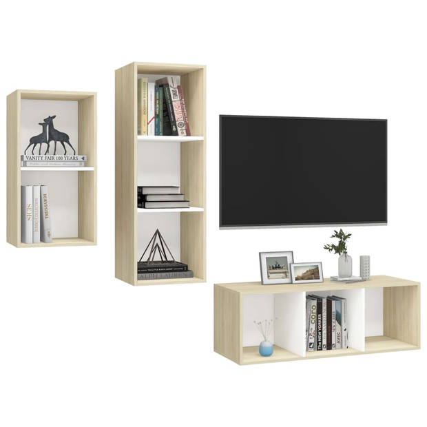 The Living Store Televisie Meubelset - TV-Wandmeubel - Wit/Sonoma Eiken - 37 x 37 x 72 cm / 37 x 37 x 107 cm - Montage