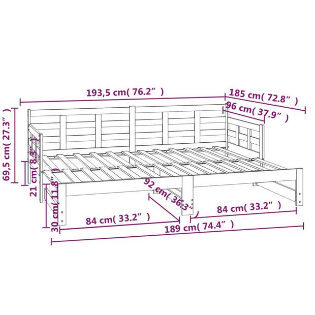 vidaXL Slaapbank uitschuifbaar massief grenenhout 2x(90x190) cm