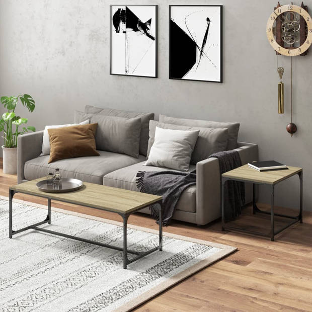 The Living Store Salontafel - Industriële - Bijzettafel - 100x40x35 cm en 50x40x40 cm - Sonoma Eiken