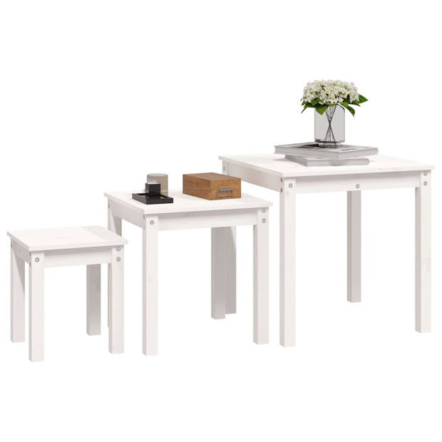 The Living Store Tafelset Massief Grenenhout Wit - 55 x 55 x 55 cm - 43 x 43 x 45 cm - 31 x 31 x 35 cm