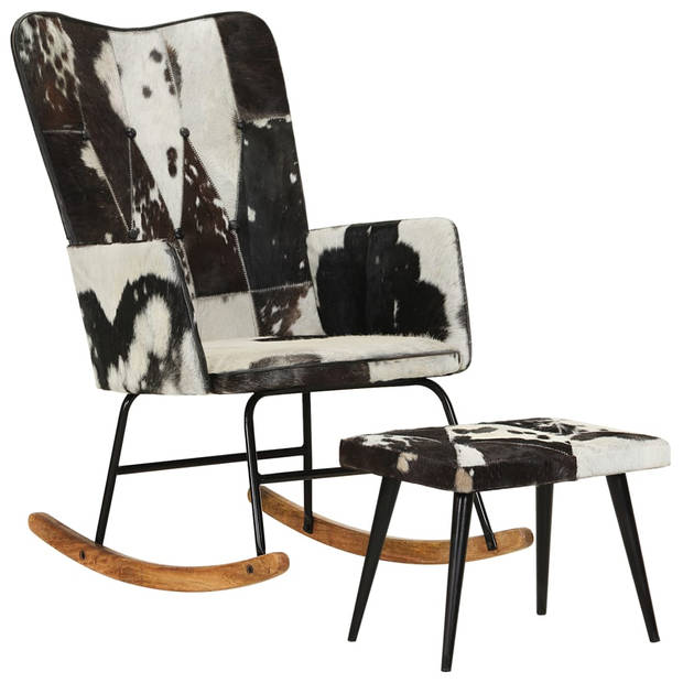 The Living Store Schommelstoel Echt Leer - Relaxstoel met Voetenbank - Zwart - 56 x 74 x 93 cm (B x D x H) - Stabiele