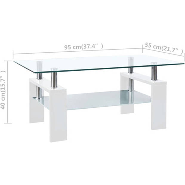 The Living Store Salontafel - gehard glas - melamine poten - 95x55x40cm - wit en transparant