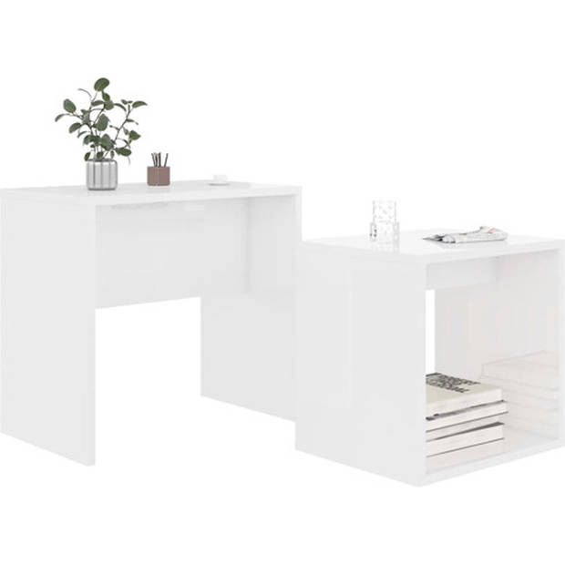 The Living Store Tafeltjesset Hoogglans Wit Spaanplaat - Grote tafel- 48x30x45cm - Kleine tafel- 37x29x36cm -