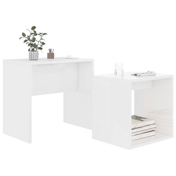 The Living Store Tafeltjesset Hoogglans Wit Spaanplaat - Grote tafel- 48x30x45cm - Kleine tafel- 37x29x36cm -