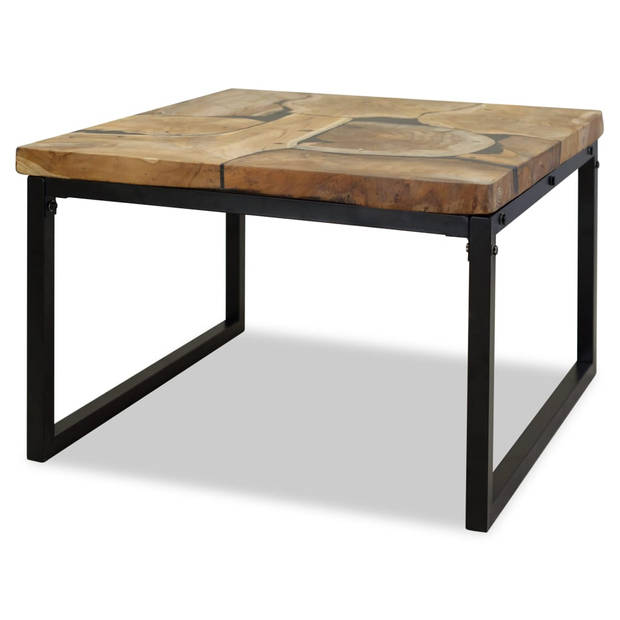 The Living Store Salontafel - Teakhout met hars - 60x60x40 cm - Handgemaakt - Staal