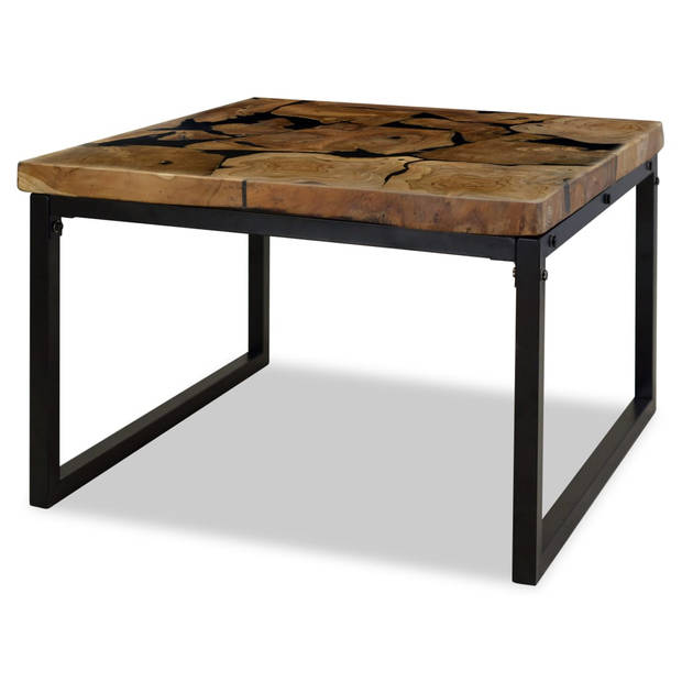 The Living Store Salontafel - Teakhout met hars - 60x60x40 cm - Handgemaakt - Staal