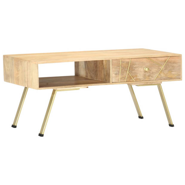 The Living Store Retro Salontafel - Massief Mangohout/Staal - 95 x 50 x 42 cm - Lichthout/Messing
