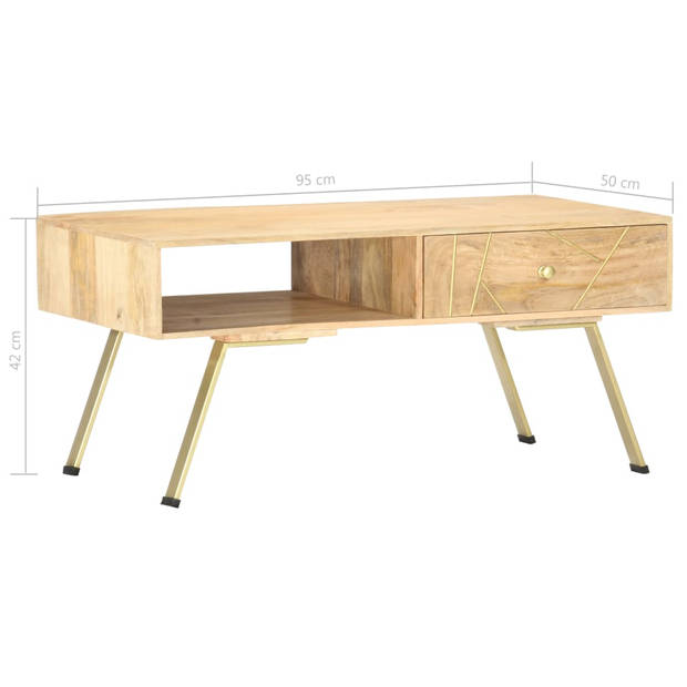 The Living Store Retro Salontafel - Massief Mangohout/Staal - 95 x 50 x 42 cm - Lichthout/Messing