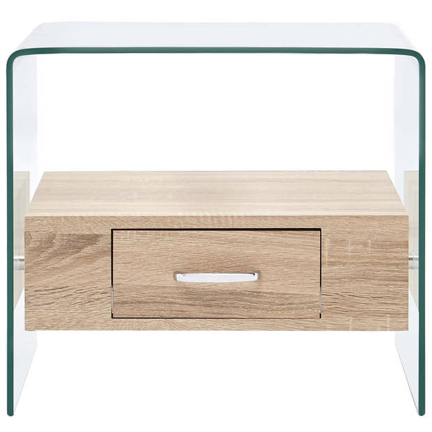 The Living Store Salontafel Minimalistisch Transparant 50x50x45cm - Gehard Veiligheidsglas - Lade Met Eikenhouten-Look