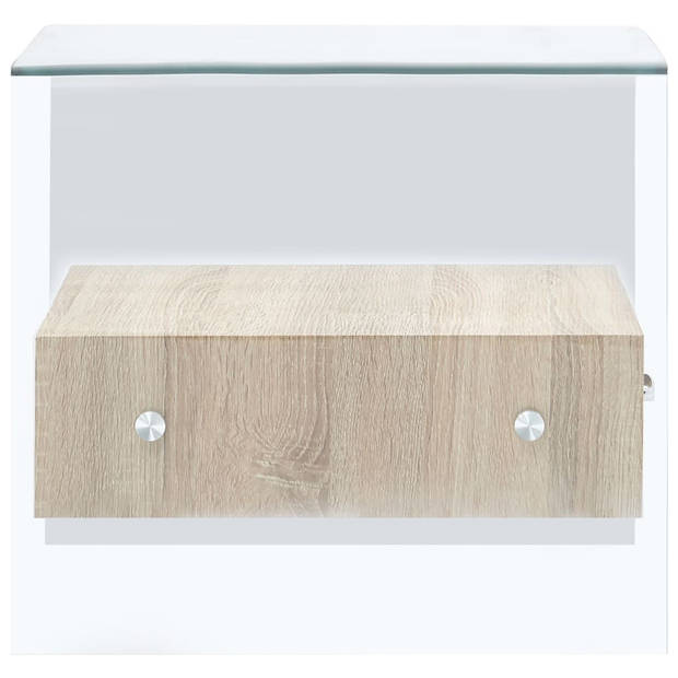 The Living Store Salontafel Minimalistisch Transparant 50x50x45cm - Gehard Veiligheidsglas - Lade Met Eikenhouten-Look