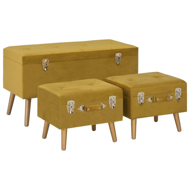 The Living Store Opbergkruk Velvet - Set van 3 - Mosterdgeel/Goud - Massief grenenhout - Afmetingen L- 85x38x47cm - S-