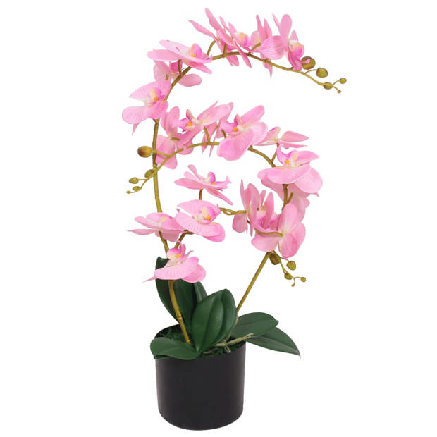The Living Store Kunst Orchidee - Levensecht - Decoratieve kunstplant - 65 cm hoog - 4 bladeren - 21 bloemen - Roze -