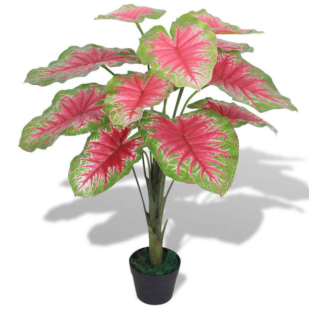 The Living Store Caladium Kunstplant - 85 cm - Levensecht - Groen en Rood - Kunststof Bladeren - Houten Stam -