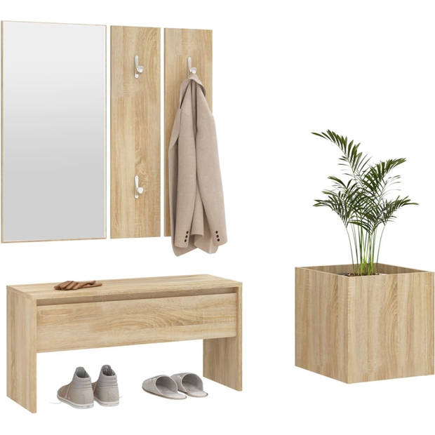 The Living Store Halbank Sonoma Eiken - Multifunctioneel opbergmeubel - Met spiegel - kapstok en plantenbak - 80 x