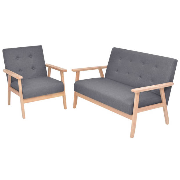 The Living Store Bankenset - Polyester - Donkergrijs - Houten frame - Fauteuil- 64.5 x 67 x 73.5 cm - 2-zitsbank- 113.5