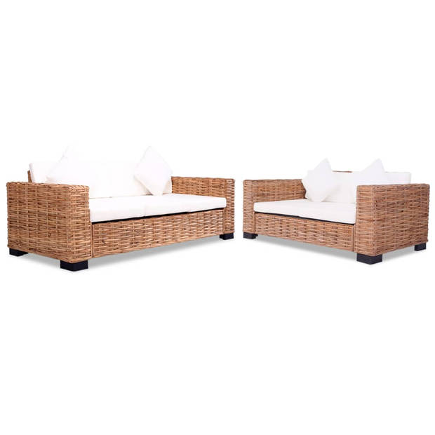 The Living Store Rattan Bankenset - 2- en 3-zitsbank - Natuurlijk rattan - mangohout - Crèmewit - 157 x 80 x 67cm.195 x