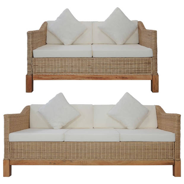 The Living Store Rattan Bankstelset - 2-zits - 3-zits - Natuurlijk Rattan - Massief Mangohouten Frame - Verwijderbare