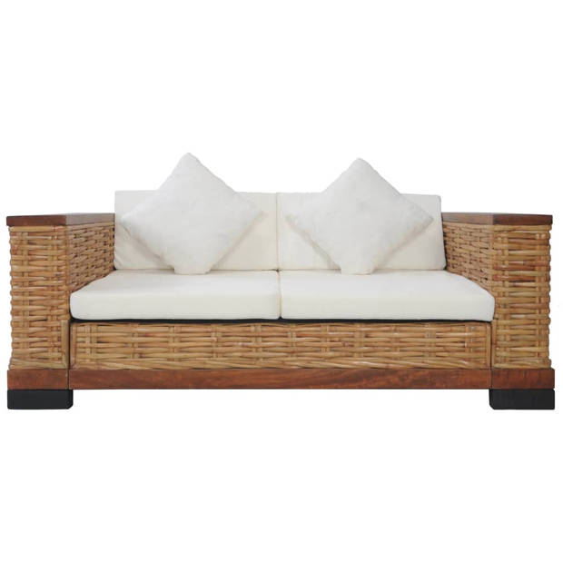 The Living Store Rattan Bankstelset - Bruin/Crèmewit - Natuurlijk rattan - Massief mangohout - Afmetingen- 94 x 78 x