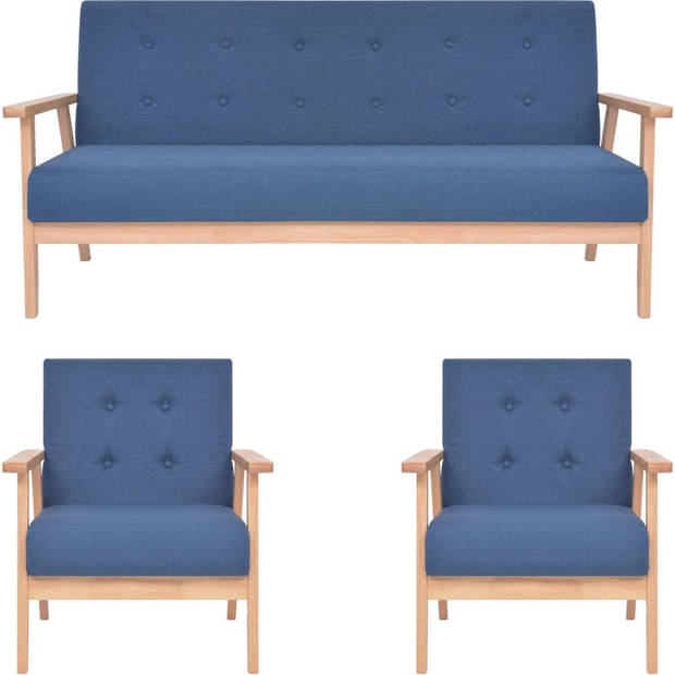 The Living Store Bankstel Modern Polyester - Blauw - 2 Fauteuils en 1 Bank - Houten Frame - Afmetingen Fauteuil- 64.5 x