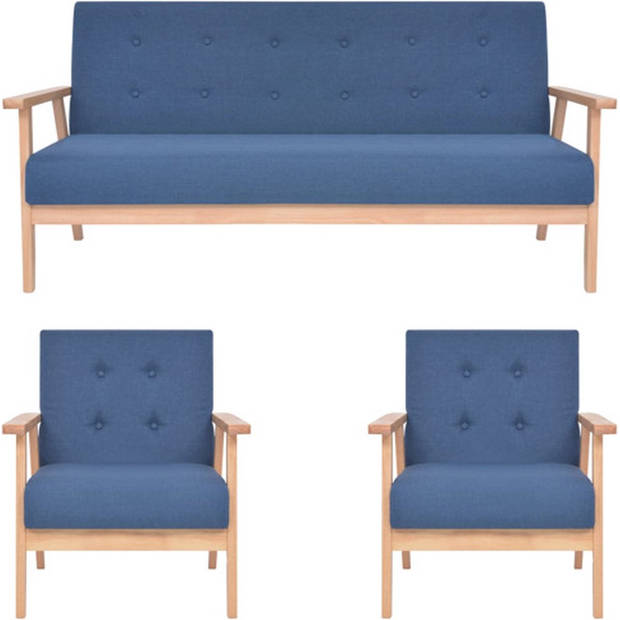 The Living Store Bankstel Modern Polyester - Blauw - 2 Fauteuils en 1 Bank - Houten Frame - Afmetingen Fauteuil- 64.5 x