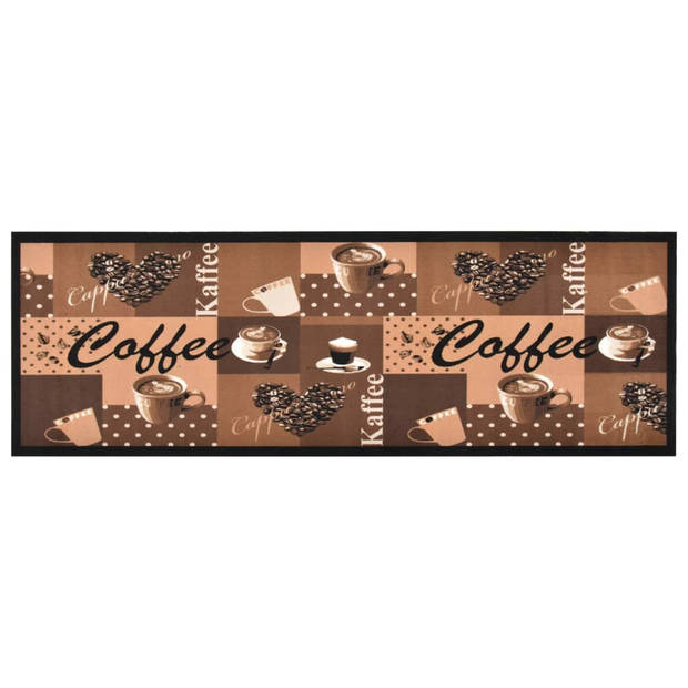 The Living Store Vloermat Bruine Koffie-print - 150 x 45 cm - Machine wasbaar - Anti-slip latex onderkant