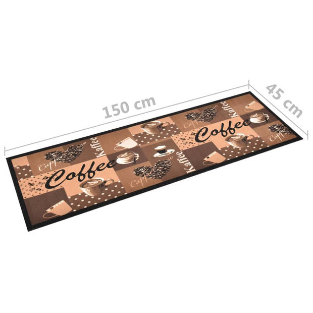 The Living Store Vloermat Bruine Koffie-print - 150 x 45 cm - Machine wasbaar - Anti-slip latex onderkant