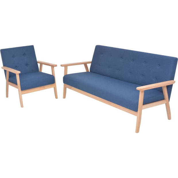 The Living Store Bankenset - Blauw - Houten frame - Polyester stof - Fauteuil en 3-zitsbank - Eenvoudig te monteren