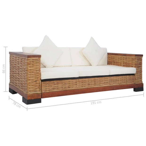 The Living Store Rattan Driezitsbank - Bruin - 191 x 78 x 66 cm - Natuurlijk rattan - Verwijderbare kussenhoezen