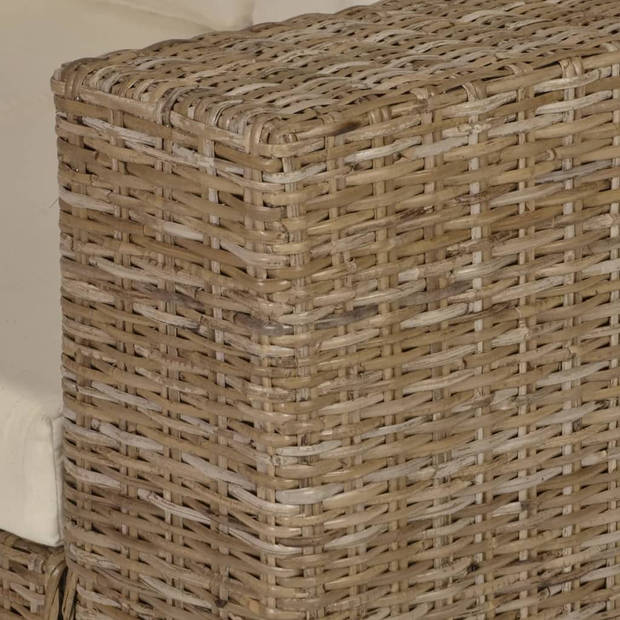 The Living Store Rattan Bankstelset - 3-zits - 2-zits bank - Natuurlijk rattan - Crèmewit linnen kussen