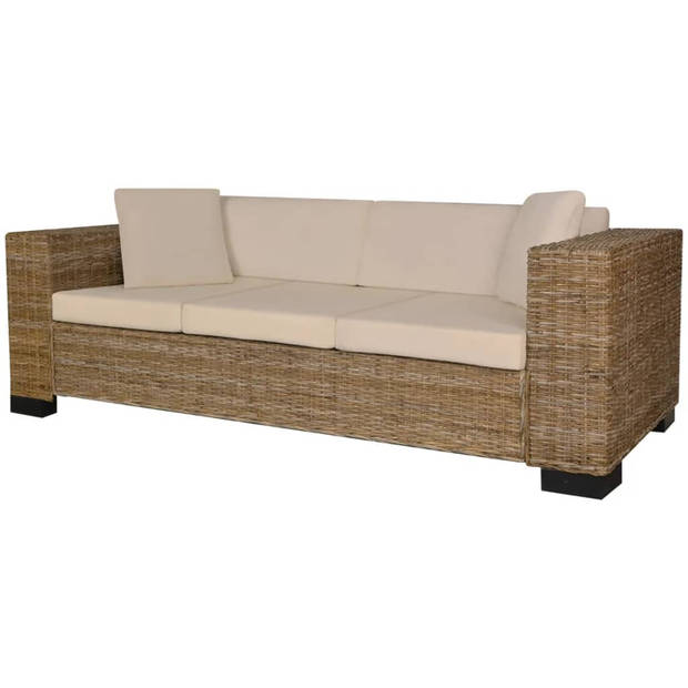 The Living Store Rattan Driezitsbank - 200 x 80 x 61 cm - Natuurlijk rattan - Crèmewit linnen kussens