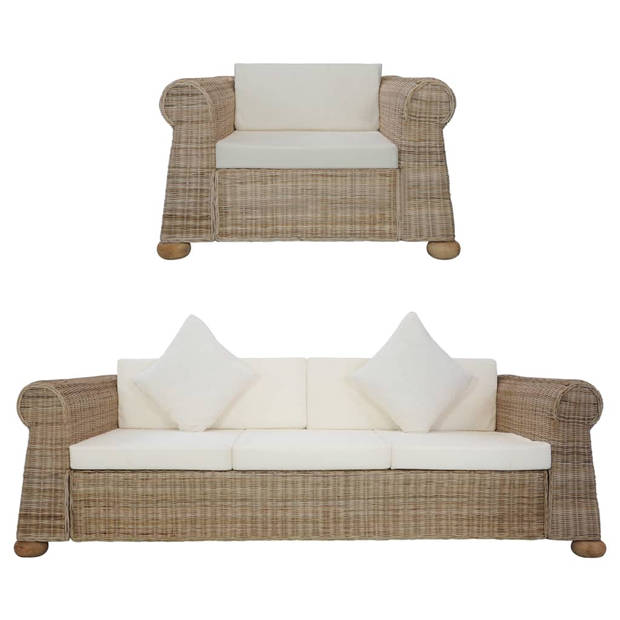 The Living Store Rattan Bankstelset - Natuurlijk Rattan - 100x78x67cm - Inclusief Kussens