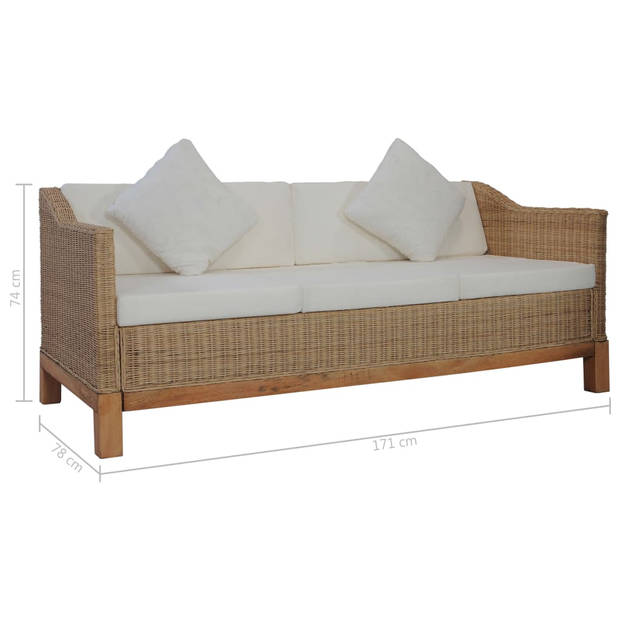 The Living Store Rattan bank - 171 x 78 x 74 cm - Natuurlijk rattan - Met verwijderbare kussenhoezen