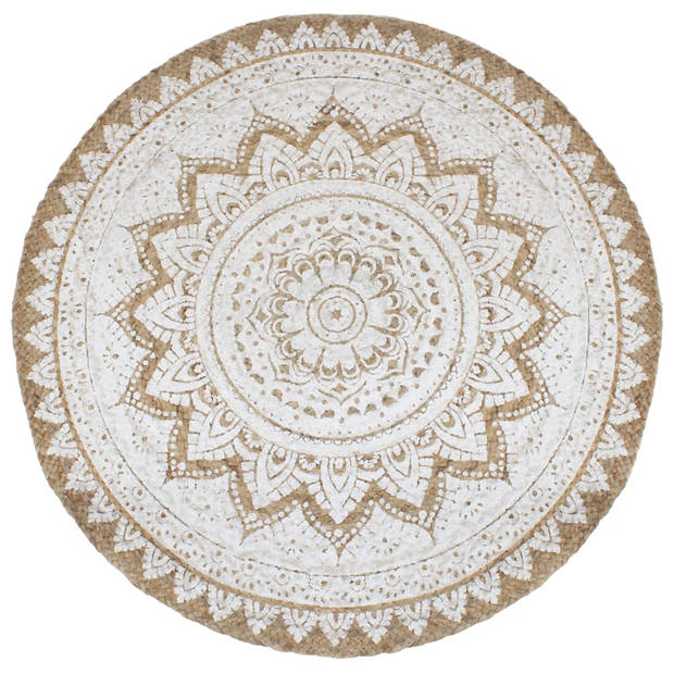 The Living Store Jute Tapijt - Ronde 210 cm - Bruin en wit - Handgemaakt - Mandala print