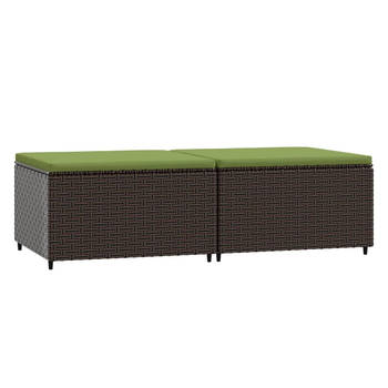 The Living Store Voetenbanken - Bruin - 55 x 55 x 31 cm - Weerbestendig PE-rattan - Comfortabel zitkussen - Inclusief