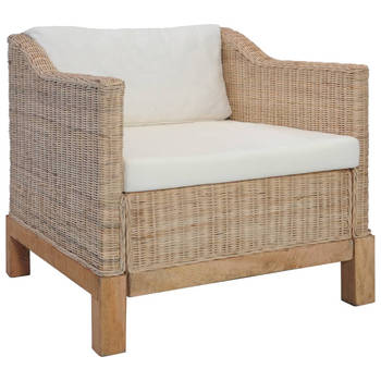 The Living Store Rattan Bankstelset - Naturel en Crèmewit - 1 fauteuil - 1 driezitsbank - 4 zitkussens - 3