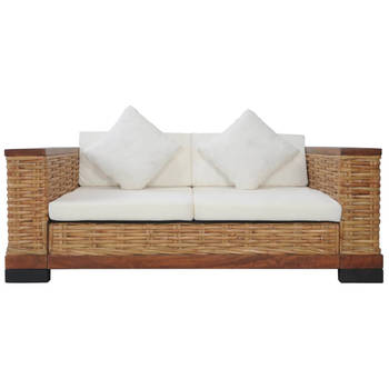 The Living Store Natuurlijk Rattan Tweezitsbank - 155x78x66cm - Bruin - Crèmewit Kussen