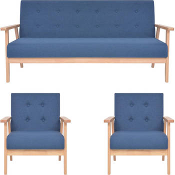 The Living Store Bankstel Modern Polyester - Blauw - 2 Fauteuils en 1 Bank - Houten Frame - Afmetingen Fauteuil- 64.5 x