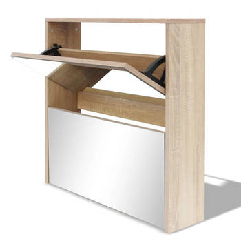 The Living Store Schoenenkastje met spiegel - Modern - Meubilair - Afmeting 63 x 17 x 67 cm - Kleur eiken - Materiaal