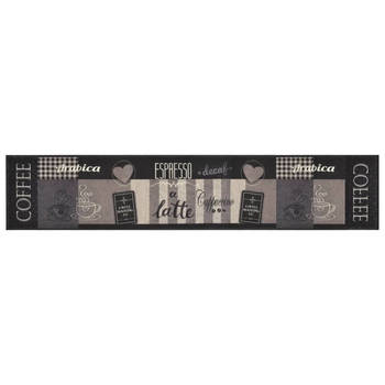 The Living Store Keukenmat wasbaar koffieprint 60x300 cm fluweel zwart - Deurmat