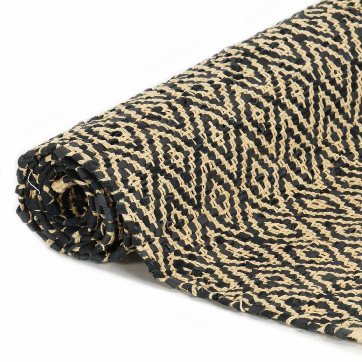 The Living Store Chindi tapijt - Leer en katoen - 160x230 cm - Ruitpatroon - Naturel en zwart