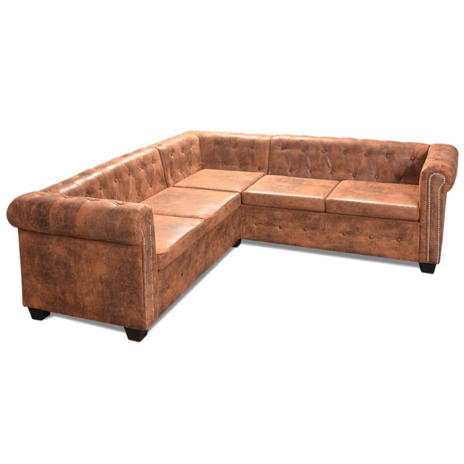 The Living Store Hoekbank 5-zits Chesterfield-stijl kunstleer bruin