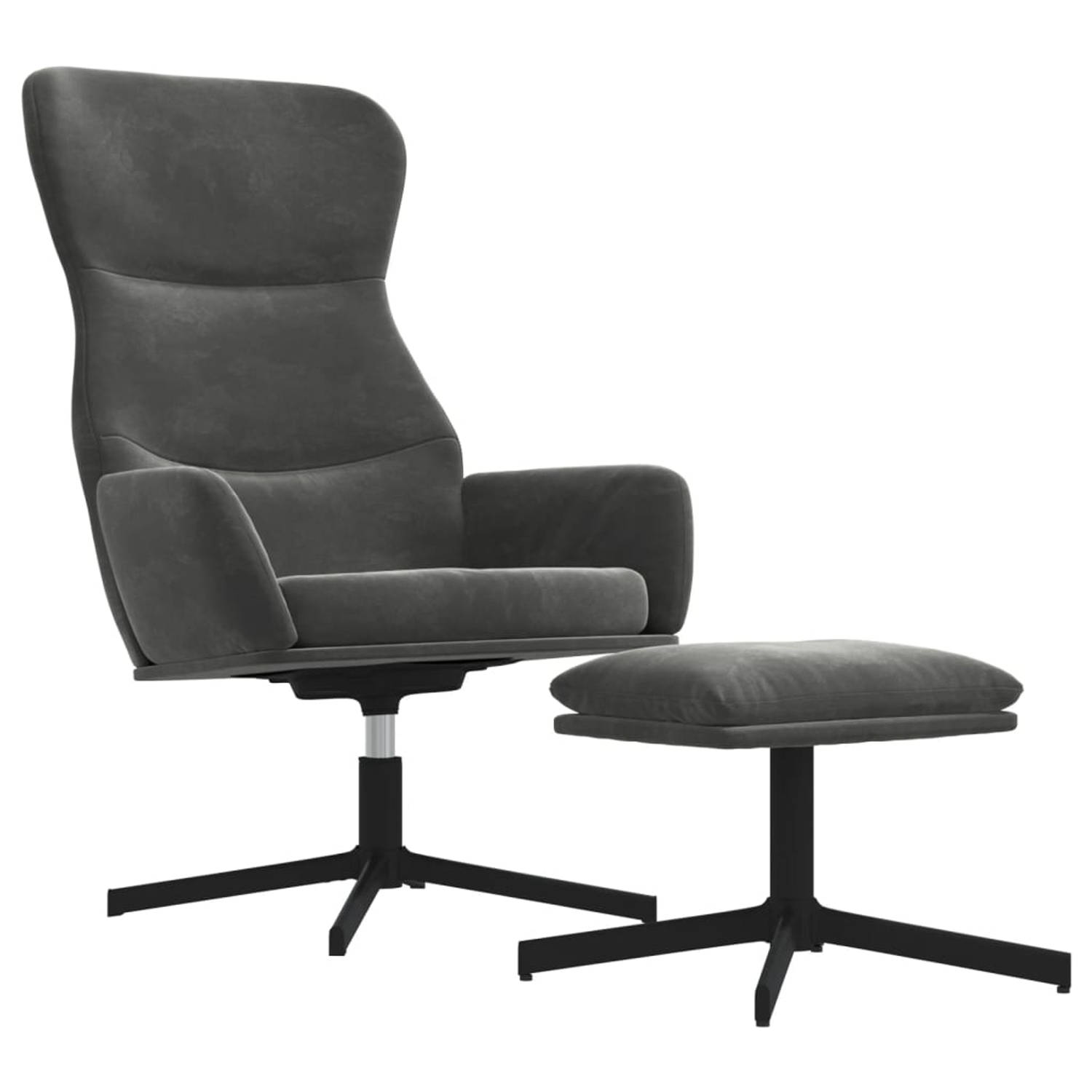 The Living Store Relaxstoel Velvet - Donkergrijs - 70 x 77 x 94 cm - Comfortabele stoel met voetenbank