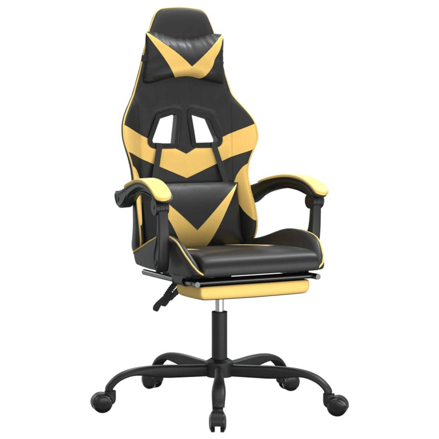 The Living Store Gamestoel draaibaar met voetensteun kunstleer zwart & goud - Bureaustoel