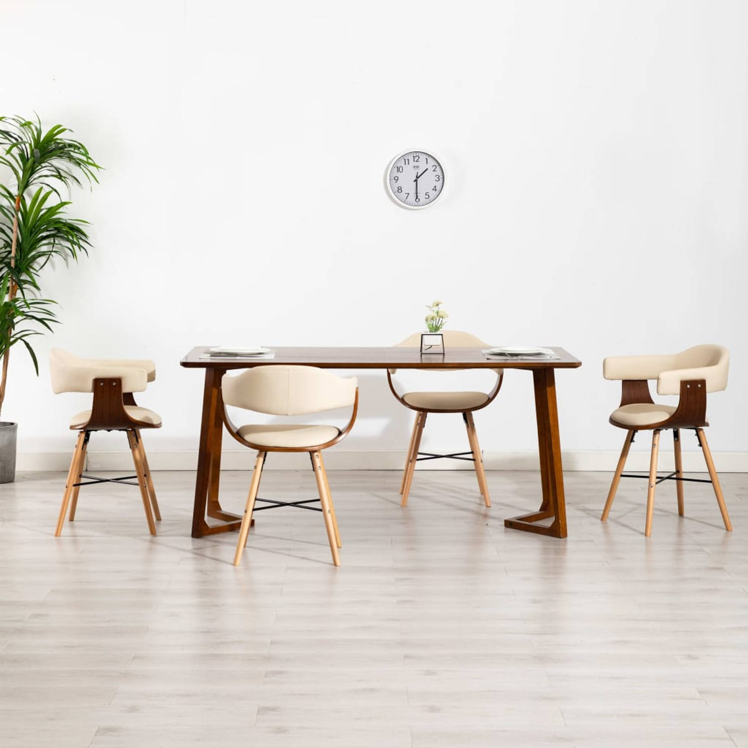 The Living Store Eetkamerstoelen 4 st kunstleer en gebogen hout crème - Eetkamerstoel