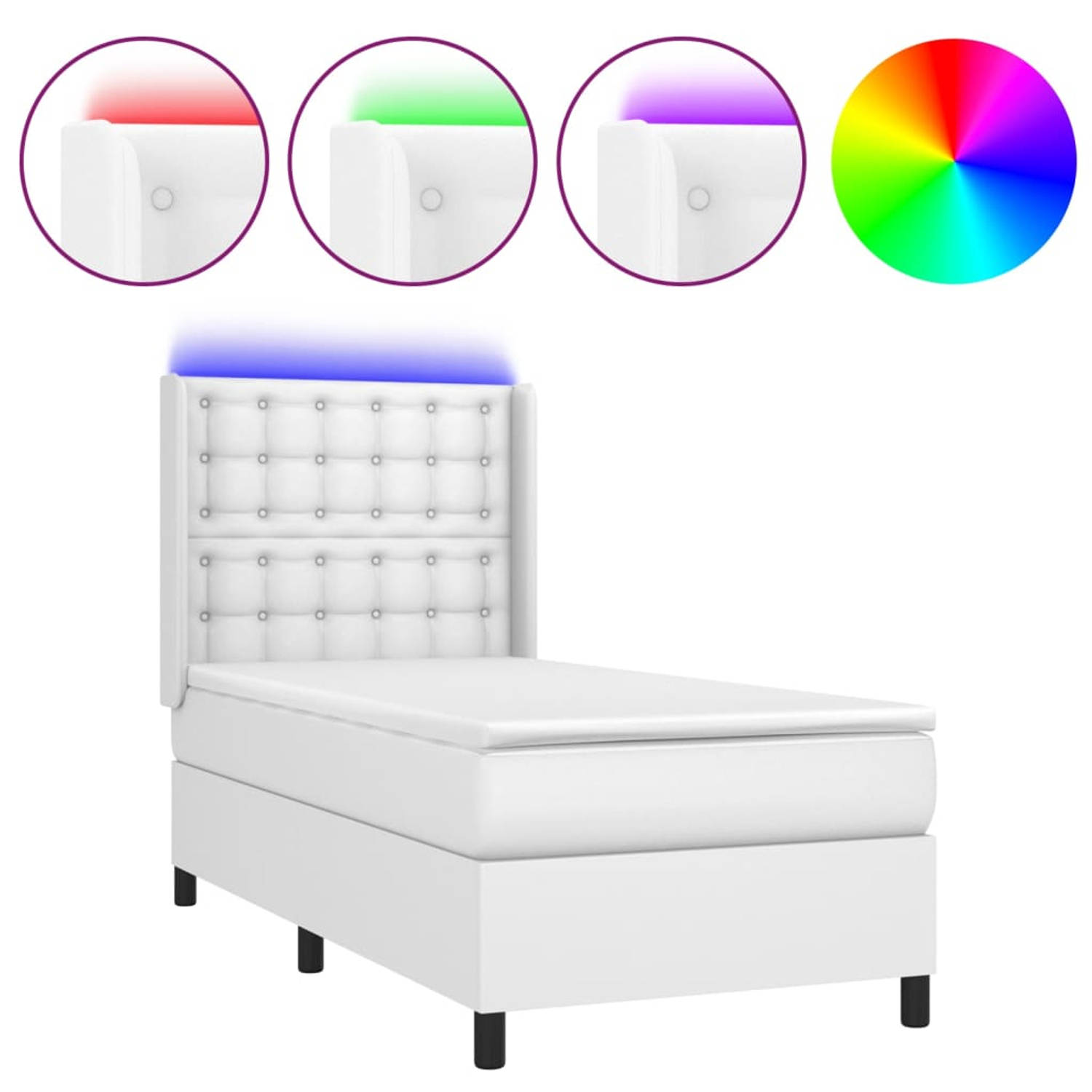 The Living Store Boxspring met matras en LED kunstleer wit 100x200 cm - Bed
