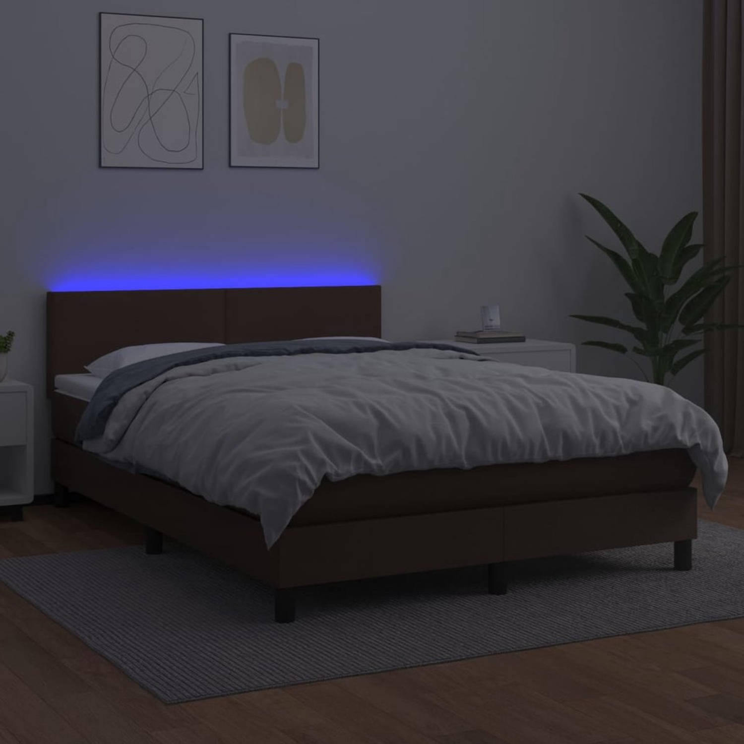 The Living Store Boxspring Bed - Bruin Kunstleren Bedframe - Pocketvering Matras - Huidvriendelijk Topmatras + LED