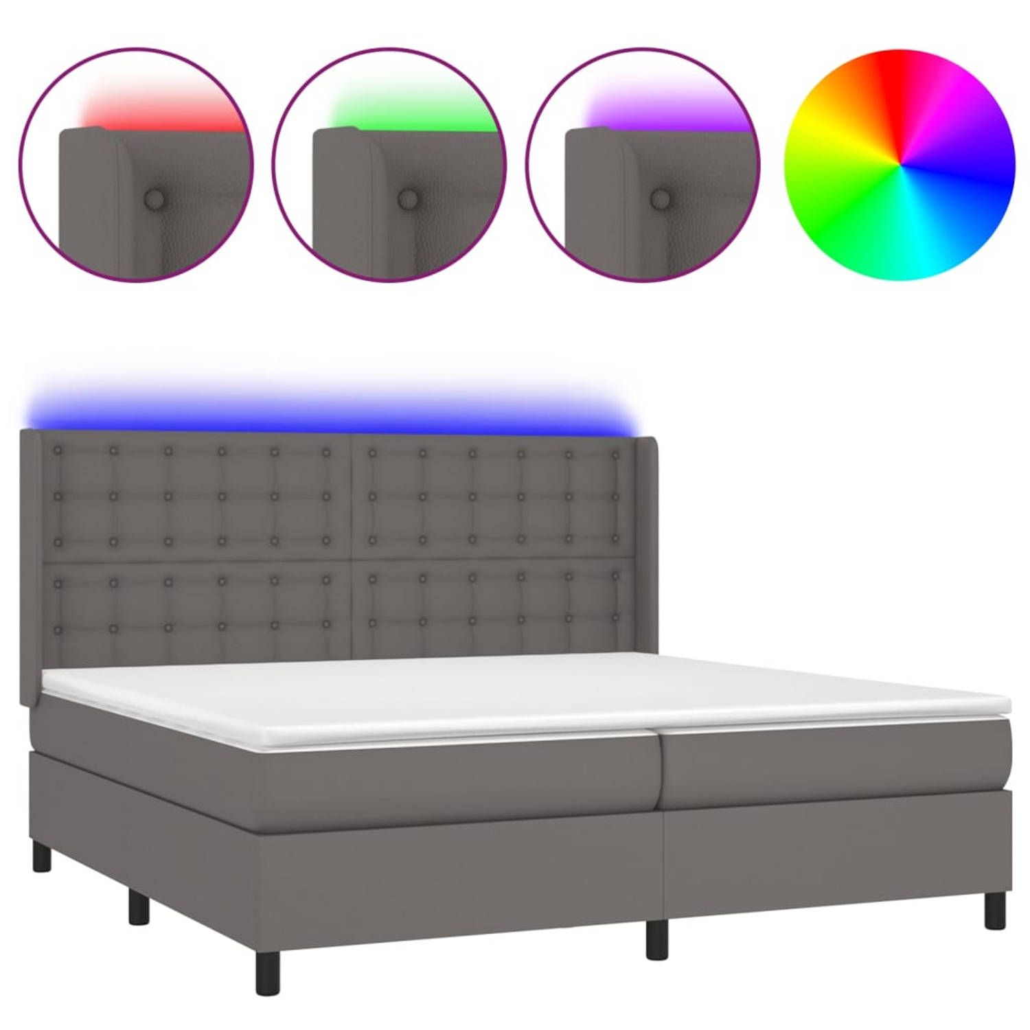 The Living Store Boxspring Bed - Grijs Kunstleer - 203 x 203 x 118/128 cm - LED Verlichting