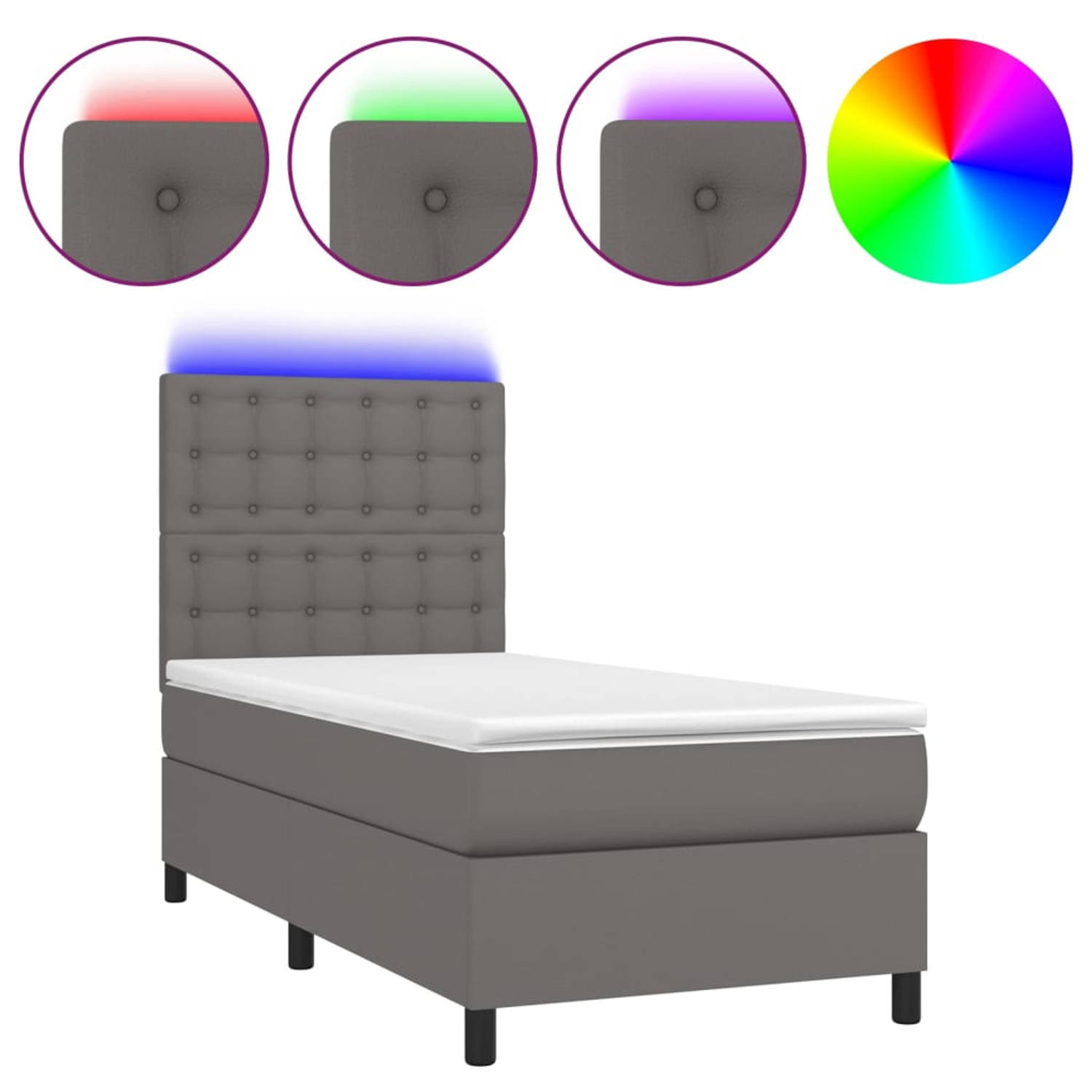 The Living Store Boxspring Bed Grijs 193 x 90 cm - LED - Kunstleer - Pocketvering - Huidvriendelijk